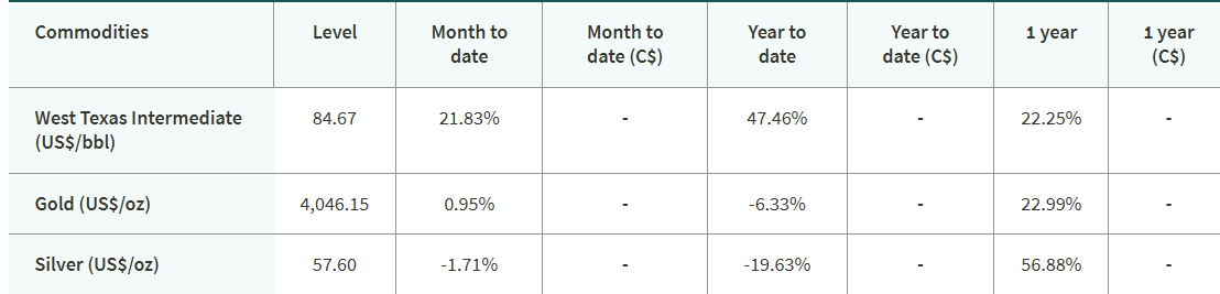 'Commodities performance table listing level, month-to-date, year-to-date, and 1-year returns for West Texas Intermediate oil, Gold, and Silver.